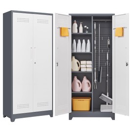 GREATMEET Broom Closet, Metal Storage Cabinet with Pegboard and Hanging Rod, Cleaning Tool Storage Cabinet, Broom Closet Cabinet for Cleaning Supplies, Locking Cabinet for Utility Room