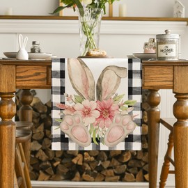 Artoid Mode Buffalo Plaid Bunny Ear Foot Flower Easter Table Runner, Seasonal Spring Kitchen Dining Table Decoration for Home Party Decor 13x48 Inch