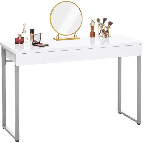 GreenForest Vanity Desk with 2 Drawers Glossy White 47 inch Modern Home Office Computer Writing Desk Makeup Dressing Table with Metal Silver Legs for Bedroom,Silver