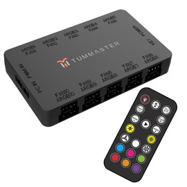 TUMMASTER ARGB Fan HUB, 10-Port 4 Pin PC Fan Controller, 5V-3Pin ARGB Fan Hub, Magnetic Suction, SATA Power Input,RF Remote & Chassis Key Control,Controller Support 10 ARGB PWM Fans Splitter (Black)