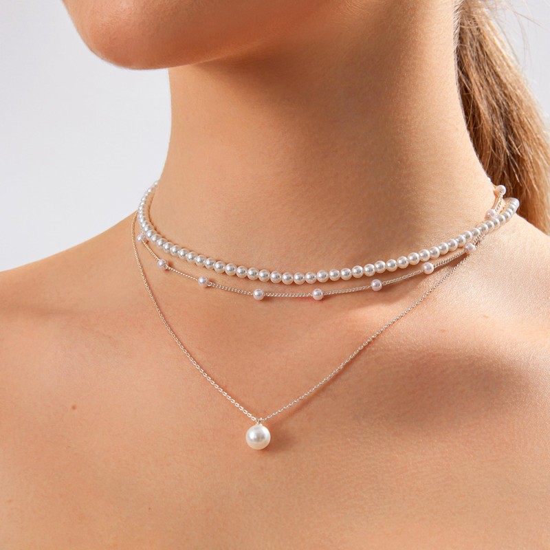 Zeffy Layered Silver Pearl Necklaces for Women Silver Plated Dainty