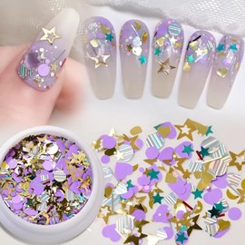 3D Purple Heart Nail Art Glitter Stickers Decals Gold Star Moon Nail Sequins Valentine's Day Nail Supplies Sparkle Nail Flakes Mixed Size Shape for Acrylic Nail Charms Nail Decorations Accessories