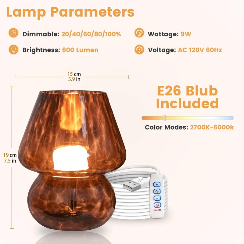 ULAROOM USB Plug-in Vintage Mushroom Lamp Small Bedside Table Lamp