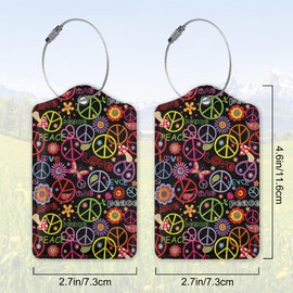 2 Pack Leather Luggage Tag for Suitcase Hippie Flower Peace Sign Unique Travel Tags with Privacy Cover ID Label & Stainless Steel Loop for Men and Women Baggage