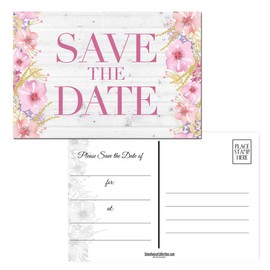Rustic Pink Floral and Barnwood Save The Date Postcards - 40 4" x 6" Postcards - Wedding, Baby Shower, Birthdays, Celebration Announcements (Rustic Floral)