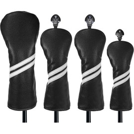 Number-one Golf Club Head Covers for Fairway Woods Driver Hybrids, 4 Pieces Leather Golf Headcover Set with Interchangeable No. Tags 2 3 4 5 7 X, Golf Club Headcovers for Club Men Women (Black)