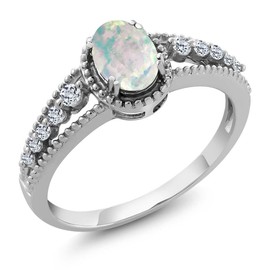 Gem Stone King 925 Sterling Silver White Simulated Opal and White Topaz Engagement Ring For Women (1.21 Cttw, Oval Cabochon 7X5MM, Available 5,6,7,8,9) (Size 8)