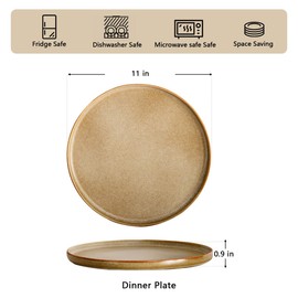 Hesinco 11" Dinner Plates Sets of 6, Stoneware Salad Plates, Microwave, Oven & Dishwasher Safe, Modern Large Kitchen Plates for Lunch, Party, Wedding, Restaurant - Desi Brown