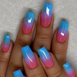 MISUD Press on Nails Long Coffin Fake Nails Glossy Glue on Nails Summer Acrylic Nail Supplies Ballerina Artificial Nail Art Pink Blue Ombre Stick on False Nails with Design DIY 24 pcs