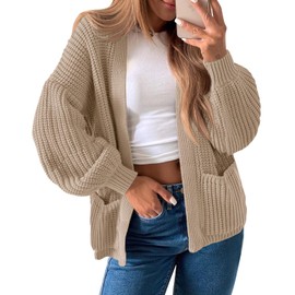 Saodimallsu Womens Oversized Cardigan Ribbed Chunky Knit Long Lantern Sleeve Open Front Fall Sweater Coats Khaki