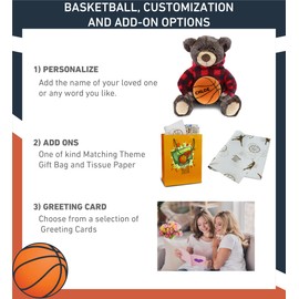 DolliBu Brown Bear Stuffed Animal with Basketball Plush – Super Soft Huggable Bear with Red Plaid Hoodie, Plush Toy Wildlife Gift for Kids and Adults - 10 Inch