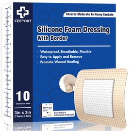 Ceeport Silicone Foam Dressing with Adhesive Gentle Border 3" x 3" 10 Pack, Waterproof Wound Dressing, High Absorbency Bed Sore Wound Bandages, Square Breathable Foam Dressing for Wound Care