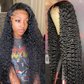 Flwing 13x6 Deep Wave Lace Front Wigs Human Hair for Black Women Pre Plucked Bleach Knots Curly Lace Front Wigs HD Transparent Lace Wet and Wavy Wig 13x6 Frontal Wigs