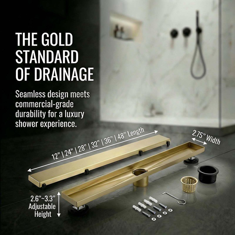 MUSCHBATH Linear Shower Drain, 32 inch Gold, 2-in-1 Tile Insert