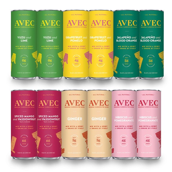AVEC Soda & Mixer Variety Pack - 12 Pack, 8.45 Oz | 2 x 6 Flavors, Sparkling Water Seltzer Cans | Spiced & Fruity Botanical Fresh Juice Cocktail Mixers | No Alcohol, Artificial Sugar & Preservatives