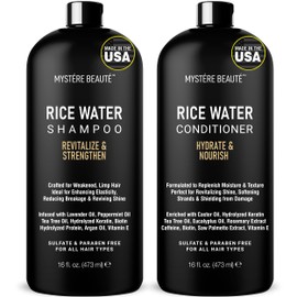 MYSTÉRE BEAUTÉ Rice Water Shampoo and Conditioner Set - Ultra-Nourishing Hair Care Set, Promotes Growth, Revitalizes Shine, and Shields from Damage - Infused with Essential Oils - 16 fl oz Each