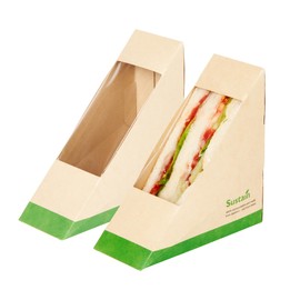 Restaurantware-Sustain 4.8 x 4.8 x 2 Inch Triangular Paper Sandwich Containers, 50 Disposable Take Out Food Containers - PLA lining, Clear PLA Window, Bamboo Paper Containers, Compostable, Greaseproof