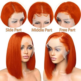Ginger Bob Lace Front Wigs Human Hair Pre Plucked Glueless 13x4 HD Lace Frontal Wig With Baby Hair 150% Density 350 Ginger Orange Short Straight Bob Wigs For Black Women (Ginger Bob Wig, 12 Inch)