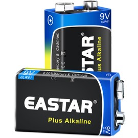 EASTAR BTS 9V Batteries 2-Pack, Alkaline 9 Volt Battery with Long-Lasting Power, 10-Year Shelf Life 6LR61 Square Battery for Smoke Detectors, Household & Office Devices