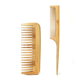 2pcs Bamboo Hair Comb Set, Natural Bamboo Wood Tail Combs - for Thick/Thin/Curly/Dry Hair - Wooden Comb for Women Men