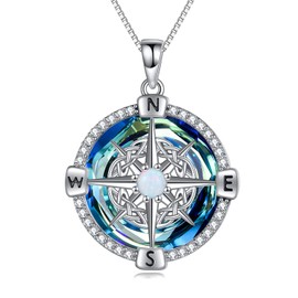 TOUPOP S925 Sterling Silver Compass Necklace for Women Celtic Crystal Pendant Jewellery Graduation Gift for Women Girls, Sterling Silver, Crystal