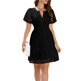 INR Black Summer Dress for Women V Neck Short Sleeve Elastic Waist Hollow Out Embroidered A Line Casual Fashion Skirt Beach and Prom Cocktail Party Dresses