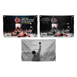 3X Motiv Sports Quote Polyester Flags 3x5 Ft with 4 Grommets - Rocky Inspirational Wall Single Sided Flag - Muhammad Motivation Quote Flags for Indoor and Outdoor - Cool Inspirational Funny Poster