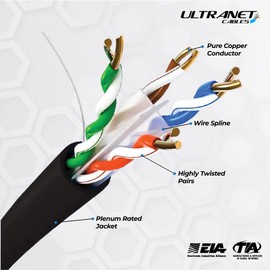 Ultranet Cables Cat6 Plenum (CMP) 1000ft Cable | 23AWG 100% Solid Copper Conductors | 550 MHz, 4 Pair UTP | Fluke DSX-8000 Tested up to 100 Meters | PoE++ (4PPoE) Premium Certified Solution (Black)