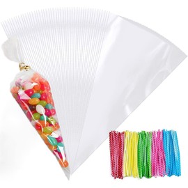 FOLKSNSHOPS 200pcs Sweet Cone Bags 14x26cm Clear Cone Bags with Ties for Party Supplies, Wrapping on Birthday, Festivals