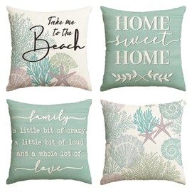 AVOIN colorlife Summer Take Me to The Beach Coral Starfish Throw Pillow Covers, 18 x 18 Inch Green Home Sweet Home Motto Blue Cushion Case for Sofa Couch Set of 4