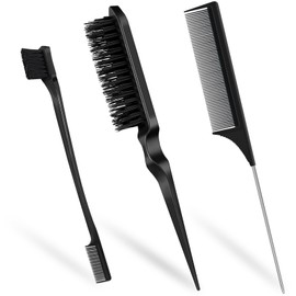 Soodyoow Pack of 3 Sleek Bun Brush, Black Sleek Braid Brush, Edges Brush with Double Edge Brush, Toupee Brush and Pointed Tail Comb for Hairdresser Women Children