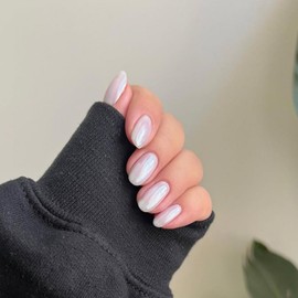 SXVME Chrome Milky White Press on Nails Short Oval, Short False Nails Almond, Glossy Glazed Glitter Fake Nails Set, Sparkly Bling, Reusable Round Acrylic Stick on Nail for Women 24 Pcs