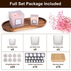 CONNOO 15 Pack Frosted Square Candle Jars, 9oz, 3oz, 2oz Bulk Empty Glass Cube Candle Containers with Airtight Bamboo Lids for Making Candles, Sticky Warning Labels - Dishwasher Safe