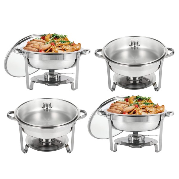 Restlrious Chafing Dish Buffet Set 4 Pack Stainless Steel Round Chafers and Buffet Warmers Set with Glass Viewing Lid, 5QT Complete Set for Buffet Catering w/Water Pan, Food Pan, Fuel Holder