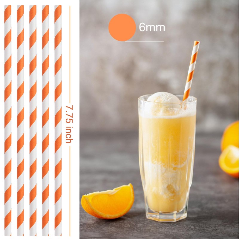 ALINK 100 Orange and White Striped Paper Straws, Biodegradable Disposable