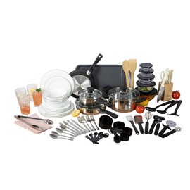 Gibson Home 74 Piece Kitchen in a Box Pots and Pans Cookware, Plates and Bowls Dinnerware, Cutlery Knife Block, Flatware Utensils, Tools & Gadgets, Storage, Glasses Set