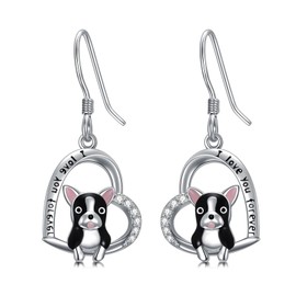 French Bulldog Earrings 925 Sterling Silver Heart Bulldog Dog Earrings Hanging Bulldog Dog Jewellery Gifts for Women Girls, Sterling Silver, Cubic Zirconia