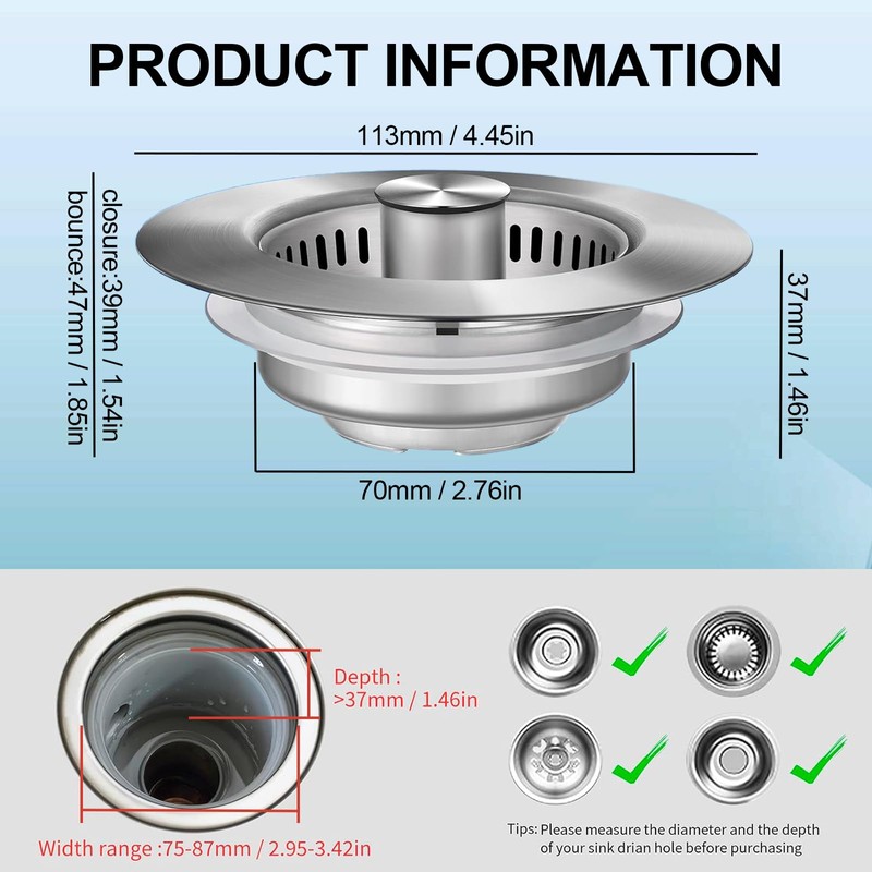 Proxima 3in1 Kitchen Sink Drain Strainer, 304 Stainless Steel Pop