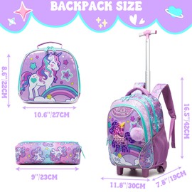 Meetbelify Unicorn Rolling Backpack with Wheels for Elementary Student Kids Wheels Trolley Trip Luggage with Lunch Bag Pencil Case for Girls Ages 6-8