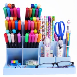 OFFCUP Desk Organiser with Drawer, Plastic Table Organiser, Office Desk Supplies Organizer Desktop Stationary Organiser Storage Pen Holder with 7 Grids for School Office Home (Blue)