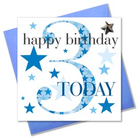 Birthday Card Blue, Happy 3rd Birthday, Boy or Girl Age 3, Embellished with a Padded Star