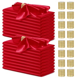 vveiiye 40 Pack Satin Napkins and Napkin Rings Set of 20 Red Satin Table Napkins 17 x 17 Inch, 20Pcs Silky Cloth Napkins for Wedding Party Banquets Dinner