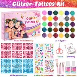 Glitter Tattoo Set Children, Temporary Tattoos for Girls, 30 Colours Glitter, 139 Stencils & 4 Sheets Tattoo Stickers, Make Up Kit, Glitter Tattoos Set for Birthday Girls, Boys, Adults