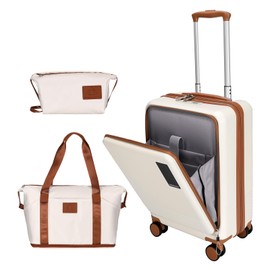 WireHot 20 inch Small Carry On Luggage Front Open with Laptop Pocket, ABS+PC Hard Shell Suitcase with Spinner Wheels TSA Lock & YKK Zipper, 20in/Toiletry Bag/Handbag, Apricot Off White