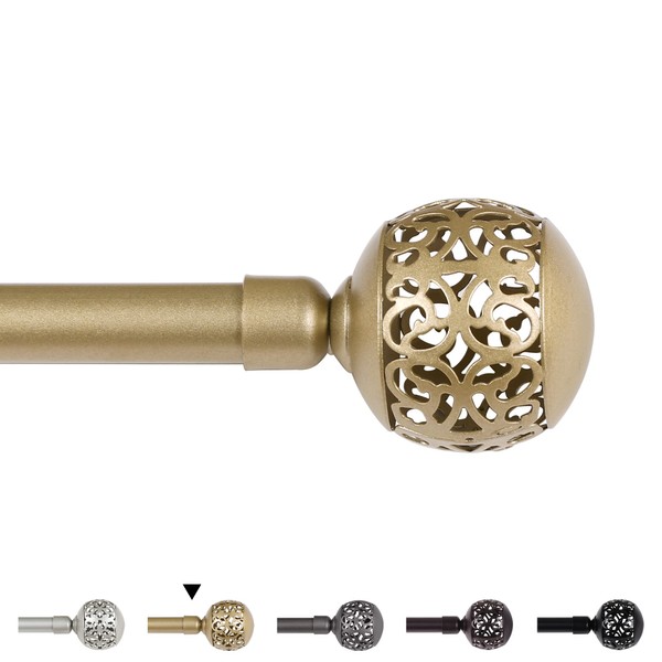 H.VERSAILTEX Window Treatment Single Curtain Rod Set Telescoping Curtain Rod with Carved Hollow Ball Finials, Adjustable Length from 66 to 120-Inch, 3/4 Inch Diameter, Champagne Gold