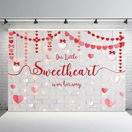 MEHOFOND Valentine's Day Baby Shower Backdrop for Girls A Little Sweetheart is On Her Way Baby Shower Decorations for Girls Brick Wall Pink Red Heart Photography Background Photo Shoot Props 7x5ft