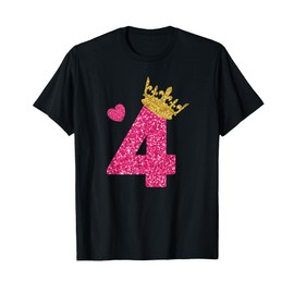 Cute Girl's T-Shirt - 4th Birthday Pink Princess Gold Crown T-Shirt