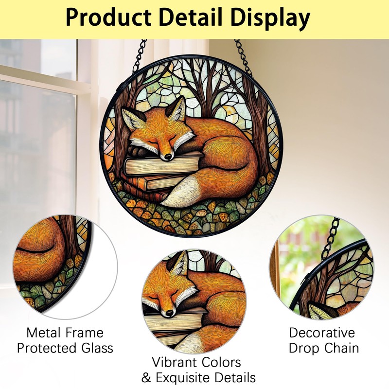 Fox Stained Glass Window Hanging, Book Lovers Sun Catchers Indoor