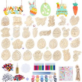 Fractoluxe 294 Pieces Wooden Pendants Easter Craft Set for Children, DIY Easter Decoration for Painting with Watercolour Pen, Rhinestones, Decorative Cord, Eyes, Creative Easter Gift