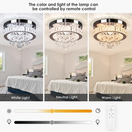YPQXYHDA Dimmable Crystal Ceiling Light,11.8" Modern Crystal Chandeliers LED Flush Mount Light Fixture for Bedroom Kitchen Dining Room,3 Colors Adjustable